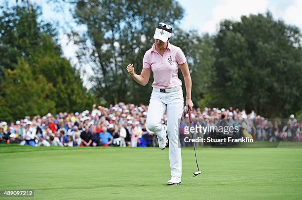 Sandra Gal of team Europe celebrates holeing the winning putt during the morning foursomes matches at The Solheim Cup at St Leon-Rot Golf Club on...