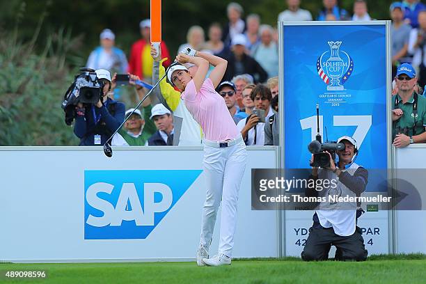 Sandra Gal of the European Team shots the ball at 17th tee during the morning foursomes matches in the 2015 Solheim Cup match at St Leon-Rot Golf...