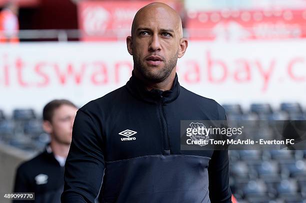 Tim Howard of Everton arrives before the Barclays Premier League match between Swansea City and Everton on September 19, 2015 in Swansea, United...