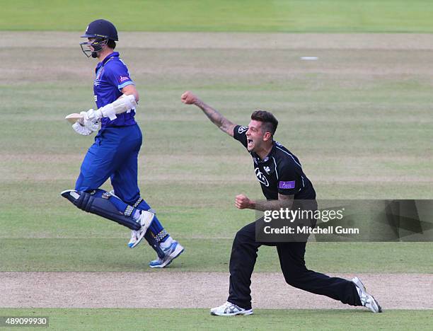 Jade Dernbach of Surrey celebrates taking the wicket of David Payne of Gloucestershire for his hat-trick during the Royal London One Day Cup final...