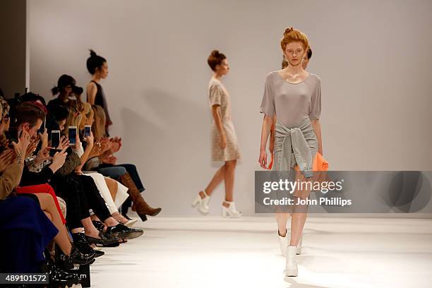 Models walk the runway at the Judy Wu show at Fashion Scout during London Fashion Week Spring/Summer 2016 on September 19, 2015 in London, England.