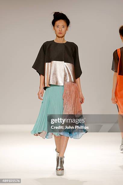 Model walks the runway at the Judy Wu show at Fashion Scout during London Fashion Week Spring/Summer 2016 on September 19, 2015 in London, England.