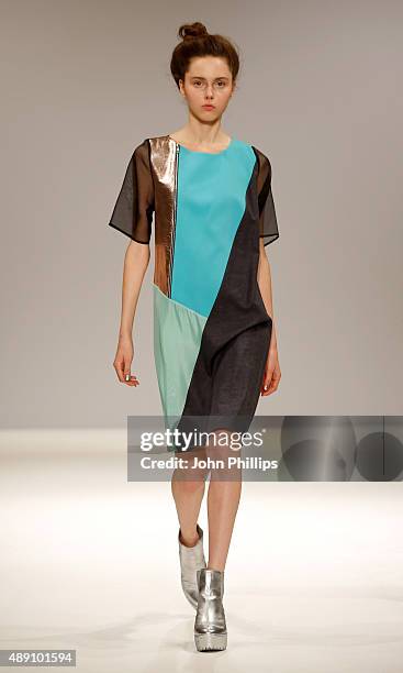 Model walks the runway at the Judy Wu show at Fashion Scout during London Fashion Week Spring/Summer 2016 on September 19, 2015 in London, England.