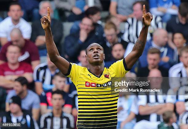 Odion Ighalo of Watford celebrates scoring his team's second goalduring the Barclays Premier League match between Newcastle United and Watford at St...