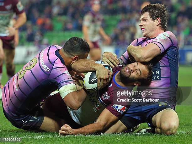 Brett Stewart of the Sea Eagles scores a try during the round nine NRL match between the Melbourne Storm and the Manly-Warringah Sea Eagles at AAMI...