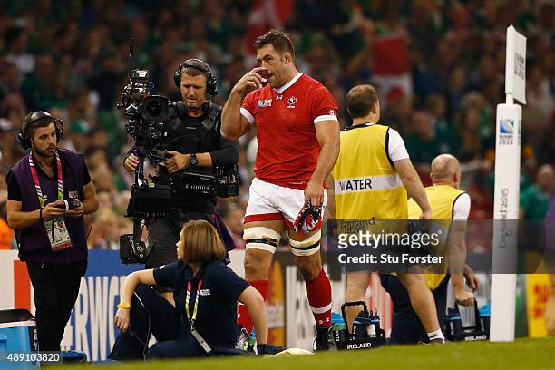 Jamie Cudmore of Canada is sent to the sin bin during the 2015 Rugby World Cup Pool D match between Ireland and Canada at the Millennium Stadium on...