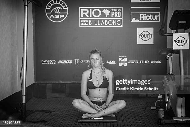 Lakey Peterson of the United States of America takes a moment to focus at the Billabong Rio Pro on May 8, 2014 in Rio de Janeiro, Brazil.