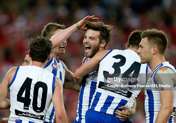 Luke McDonald of the Roos celebrates a goal during the First AFL Semi Final match between the Sydney Swans and the North Melbourne Kangaroos at ANZ...