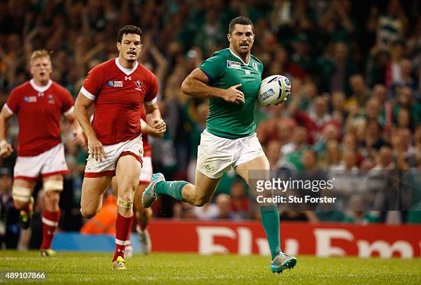 Rob Kearney of Ireland scores the sixth try for his team during the 2015 Rugby World Cup Pool D match between Ireland and Canada at the Millennium...