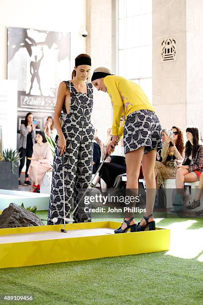 Models are seen at the Orla Kiely presentation during London Fashion Week Spring/Summer 2016 on September 19, 2015 in London, England.