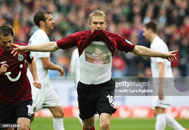 Artjoms Rudnevs of Hannover celebrates his goal during the Bundesliga match between Hannover 96 and SC Freiburg at HDI-Arena on May 10, 2014 in...