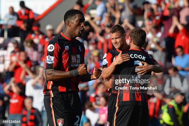 Sylvain Distin of Bournemouth celebrates his team's 2-0 win in the Barclays Premier League match between A.F.C. Bournemouth and Sunderland at...