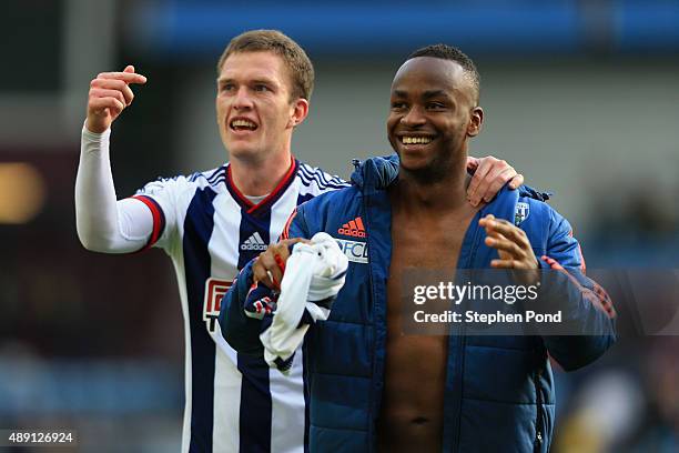 Saido Berahino and Craig Gardner of West Bromwich Albion celebrate their team's 1-0 win in the Barclays Premier League match between Aston Villa and...