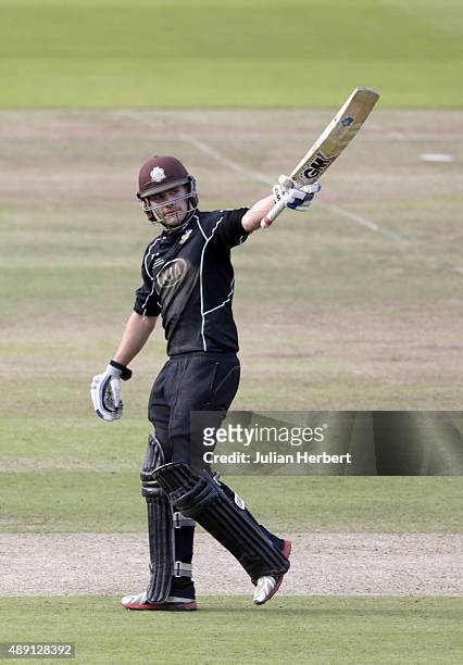 Rory Burns of Surrey acknowledges his 50 during the Royal London One-Day Cup Final between Surrey and Gloustershire at Lord's Cricket Ground on...