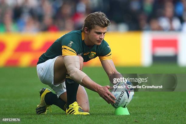 Pat Lambie of South Africa lines up a conversion during the 2015 Rugby World Cup Pool B match between South Africa and Japan at the Brighton...