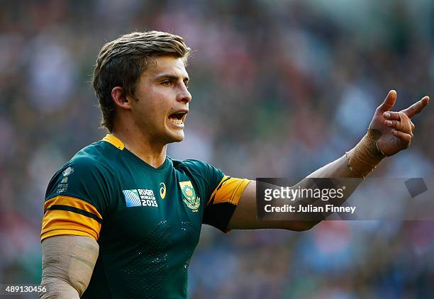 Pat Lambie of South Africa makes a point during the 2015 Rugby World Cup Pool B match between South Africa and Japan at the Brighton Community...