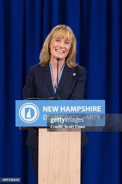 New Hampshire Gov. Margaret 'Maggie' Hassan, D-N.H., talks on stage during the New Hampshire Democratic Party Convention at the Verizon Wireless...