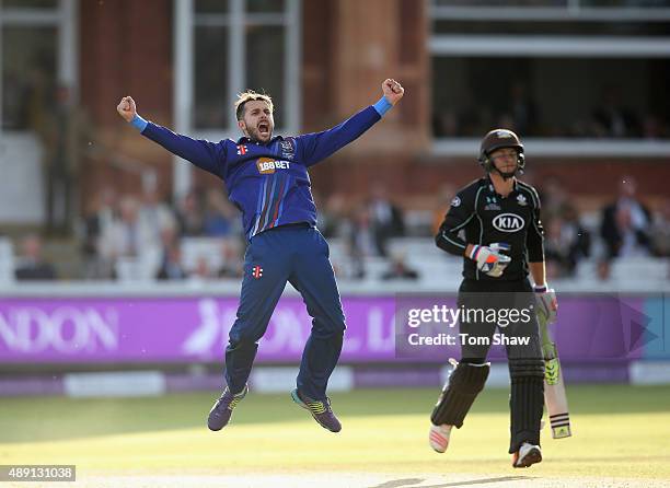 Jack Taylor of Gloucestershire celebrates taking the wicket of Tom Curran of Surrey during the Royal London One Day Cup Final between Gloucestershire...