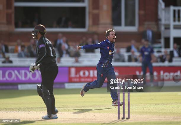 Tom Smith of Gloucestershire celebrates taking the wicket of Azhar Mahmood of Surrey during the Royal London One Day Cup Final between...