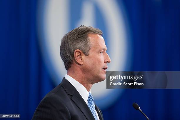 Democratic presidential candidate and former Maryland Governor Martin O'Malley talks on stage during the New Hampshire Democratic Party State...