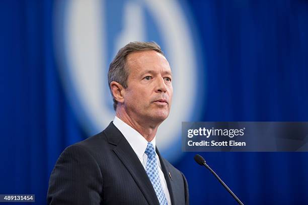 Democratic presidential candidate and former Maryland Governor Martin O'Malley talks on stage during the New Hampshire Democratic Party State...