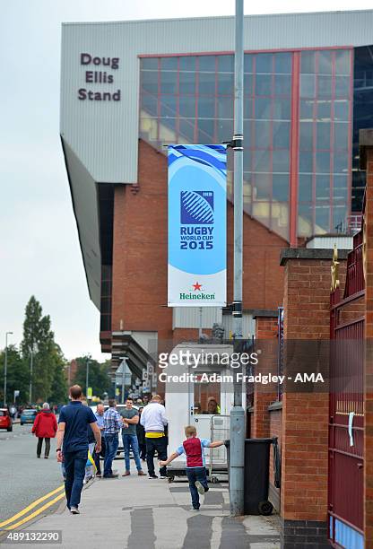 General view of RFU Rugby World Cup 2015 branding and signage around the stadium before the Barclays Premier League match between Aston Villa and...