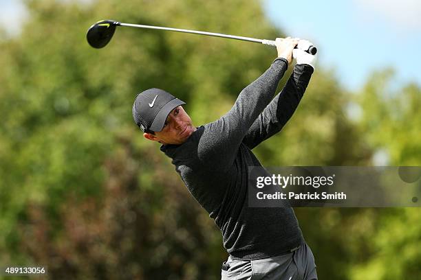 Rory McIlroy of Northern Ireland plays his shot from the fourth tee during the Third Round of the BMW Championship at Conway Farms Golf Club on...