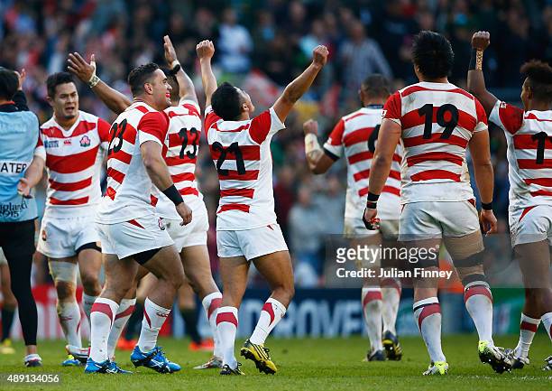 Japan players celebrate their surprise victory during the 2015 Rugby World Cup Pool B match between South Africa and Japan at the Brighton Community...