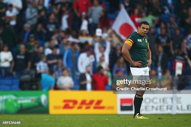 Bryan Habana of South Africa stands dejected following defeat in the 2015 Rugby World Cup Pool B match between South Africa and Japan at the Brighton...