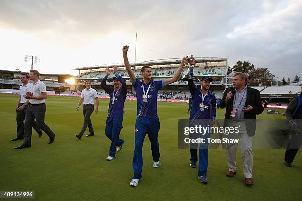 David Payne and Jack Taylor of Gloucester celebrate with the trophy during the Royal London One Day Cup Final between Gloucestershire and Surrey at...