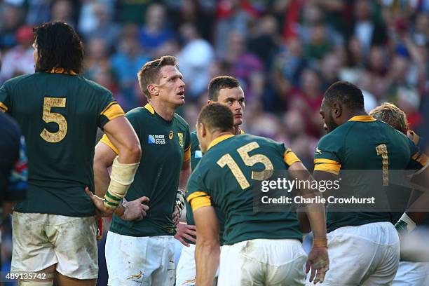 Jean De Villiers of South Africa is stunned following defeat in the 2015 Rugby World Cup Pool B match between South Africa and Japan at the Brighton...