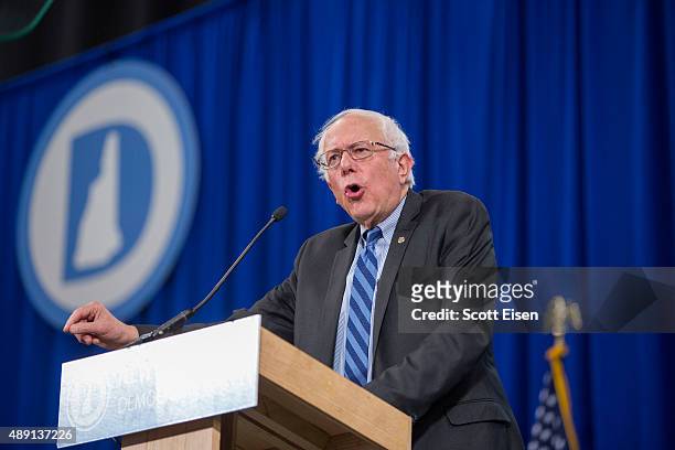 Democratic Presidential candidate Senator Bernie Sanders talks on stage during the New Hampshire Democratic Party State Convention on September 19,...