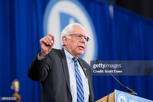 Democratic Presidential candidate Senator Bernie Sanders talks on stage during the New Hampshire Democratic Party State Convention on September 19,...