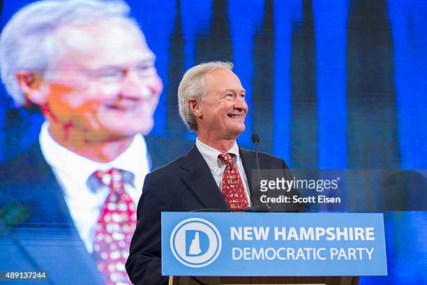 Democratic presidential candidate and former governor of Rhode Island Lincoln Chafee speaks on stage at the New Hampshire Democratic Party State...