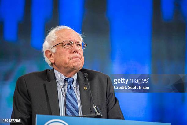 Democratic Presidential candidate Senator Bernie Sanders talks on stage during the New Hampshire Democratic Party State Convention on September 19,...