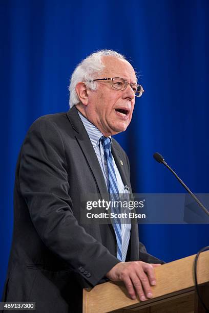 Democratic Presidential candidate Senator Bernie Sanders talks on stage during the New Hampshire Democratic Party State Convention on September 19,...