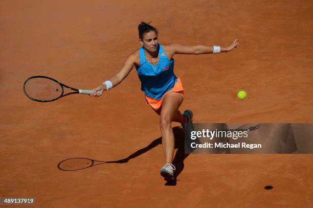 Paula Ormaechea of Argentina plays a shot against Anastasia Grymalska of Italy during qualifying for the Internazionali BNL d'Italia 2014 on May 10,...