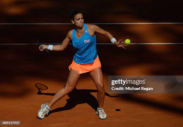 Paula Ormaechea of Argentina plays a shot against Anastasia Grymalska of Italy during qualifying for the Internazionali BNL d'Italia 2014 on May 10,...