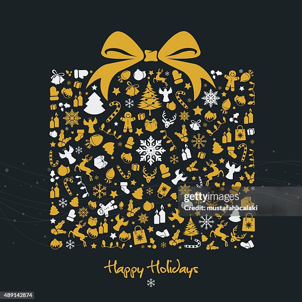 ilustraciones, imágenes clip art, dibujos animados e iconos de stock de golden caja de regalo de navidad con iconos - lazo negro
