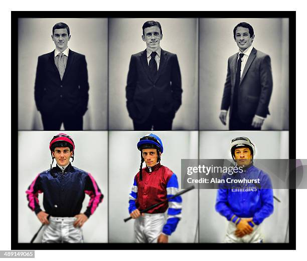 This composite image a comparison has been made between jockeys Gary Carroll, Shane Kelly and Silvestre De Sousa arriving in their suits and after...