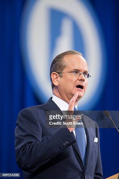 Democratic presidential candidate Lawrence Lessig speaks on stage at the New Hampshire Democratic Party State Convention on September 19, 2015 in...