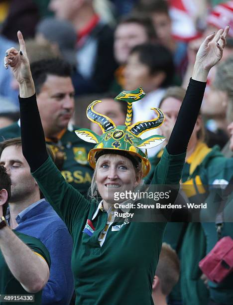 South Africa fan enjoys the atmosphere during the 2015 Rugby World Cup Pool B match between South Africa and Japan at Brighton Community Stadium on...