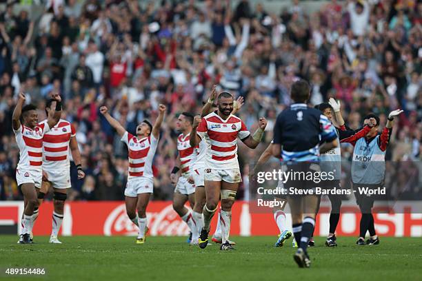 Japan players celebrate their surprise victory in the 2015 Rugby World Cup Pool B match between South Africa and Japan at Brighton Community Stadium...