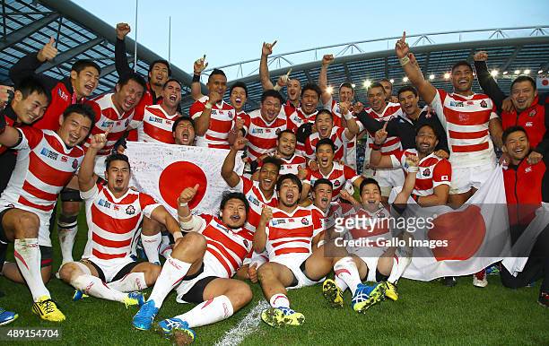 Japan players after the win over South Africa during the Rugby World Cup 2015 Pool B match between South Africa and Japan at Brighton Community...