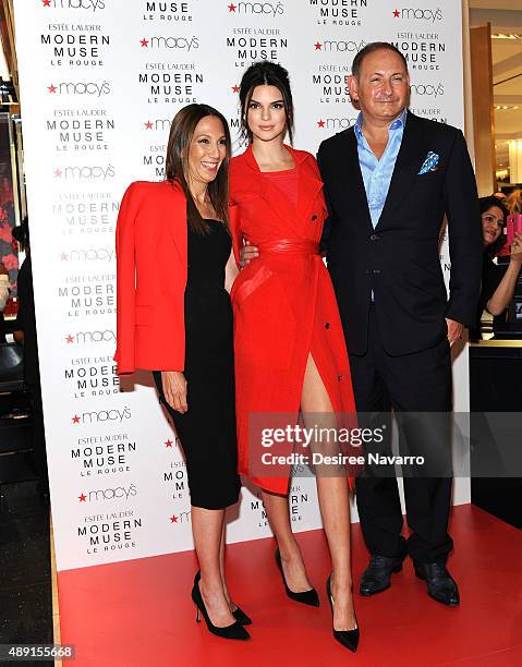 Jane Hudis, Kendell Jenner and John Demsey Celebrate the launch of The New Estee Lauder Fragrance Modern Muse Le Rouge at Macy's Herald Square on...