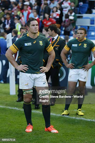 Francois Louw of South Africa stands dejected following defeat in the 2015 Rugby World Cup Pool B match between South Africa and Japan at Brighton...