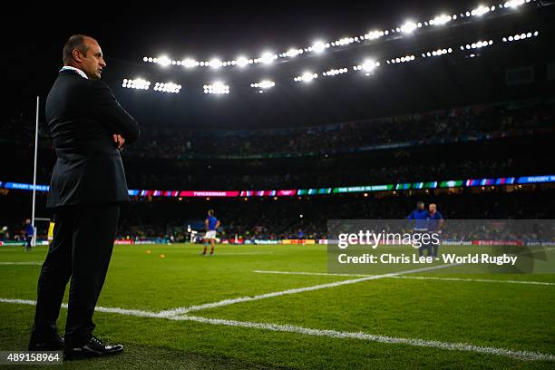 Head coach of France Philippe Saint-Andre watches the teams warm up ahead of the 2015 Rugby World Cup Pool D match between France and Italy at...