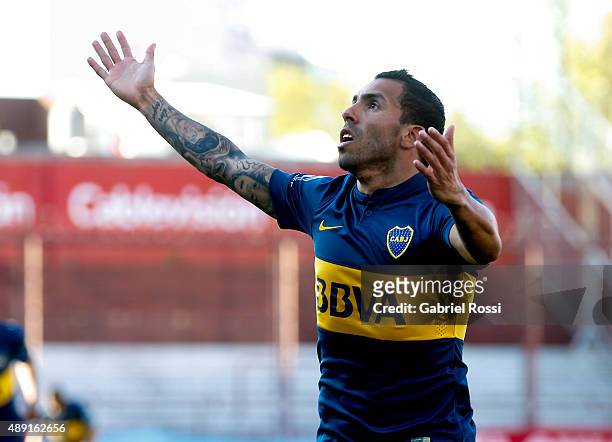 Carlos Tevez of Boca Juniors celebrates after scoring the first goal of his team during a match between Argentinos Juniors and Boca Juniors as part...