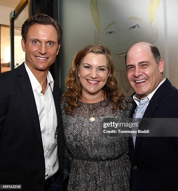 Actor/Director/Producer Tony Goldwyn, Vanity Fair's West Coast Editor Krista Smith, and Writer/Director/Producer Matthew Weiner pose during Vanity...