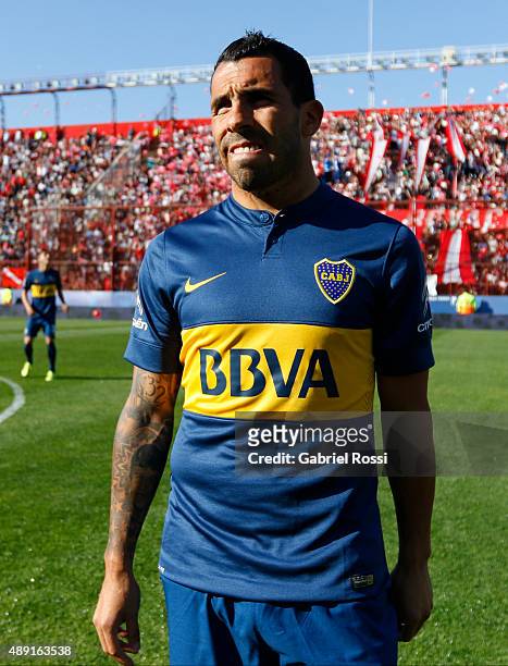 Carlos Tevez of Boca Juniorsn looks on prior a match between Argentinos Juniors and Boca Juniors as part of 25th round of Torneo Primera Division...